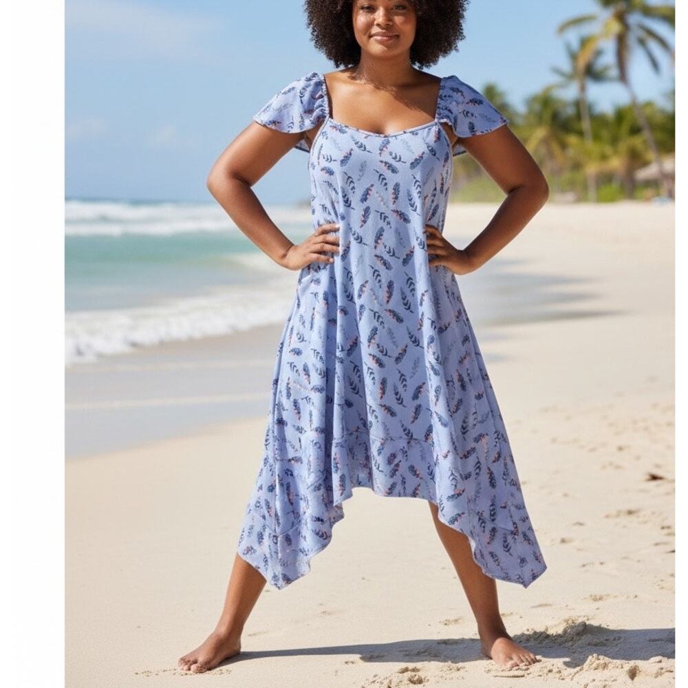 Lost Ink Purple Feather Swing Midi Dress 4X Trapeze Sundress Whimsical Vacation
